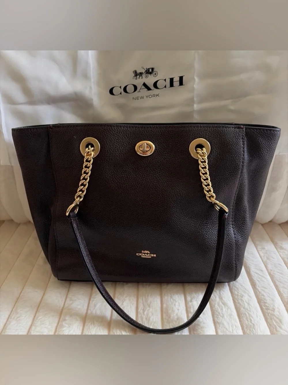 Coach Black Leather Tote with Gold Chain Accents - Picture 3 of 6